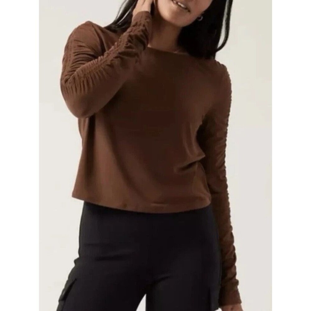 Athleta All Around Ruched Long Sleeve Scoop Neck Top Brown Women's Size 1X EUC
